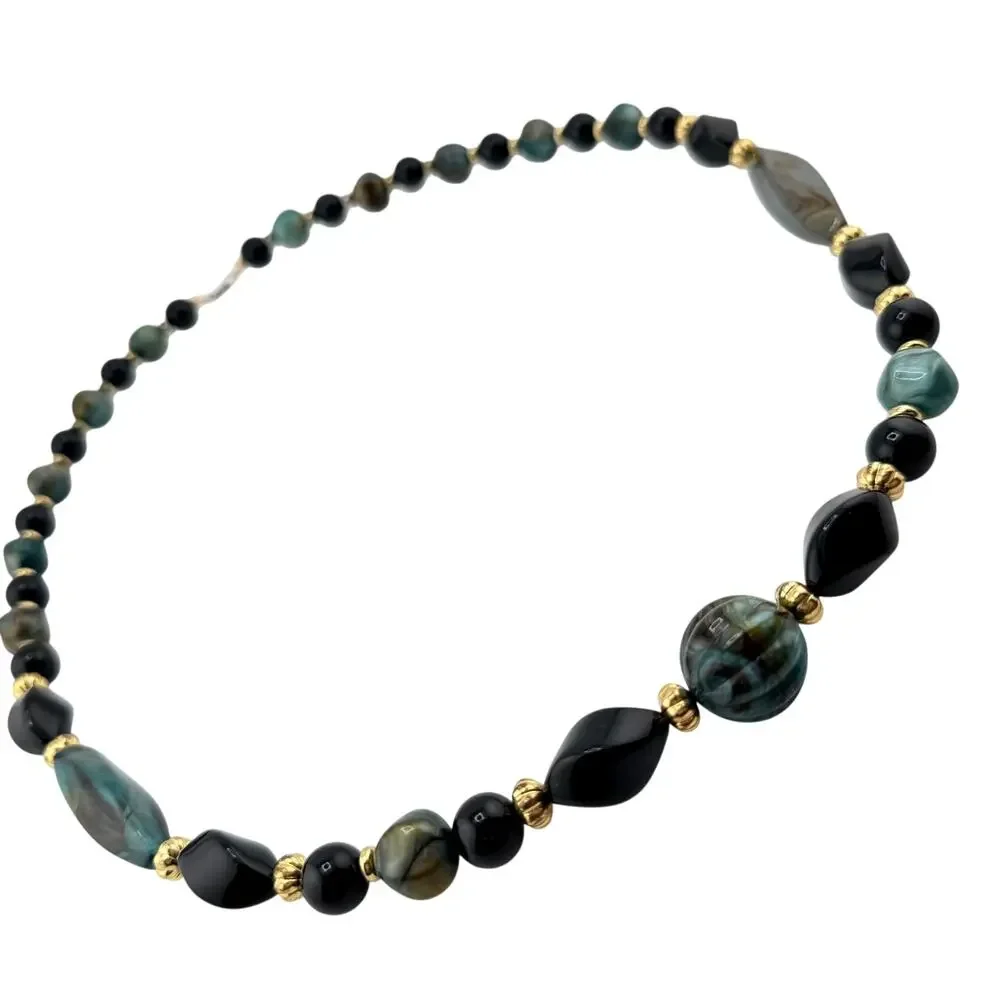 Vintage 1980s 1990s Teal Marbled Acrylic Black Gold Tone Beads 29